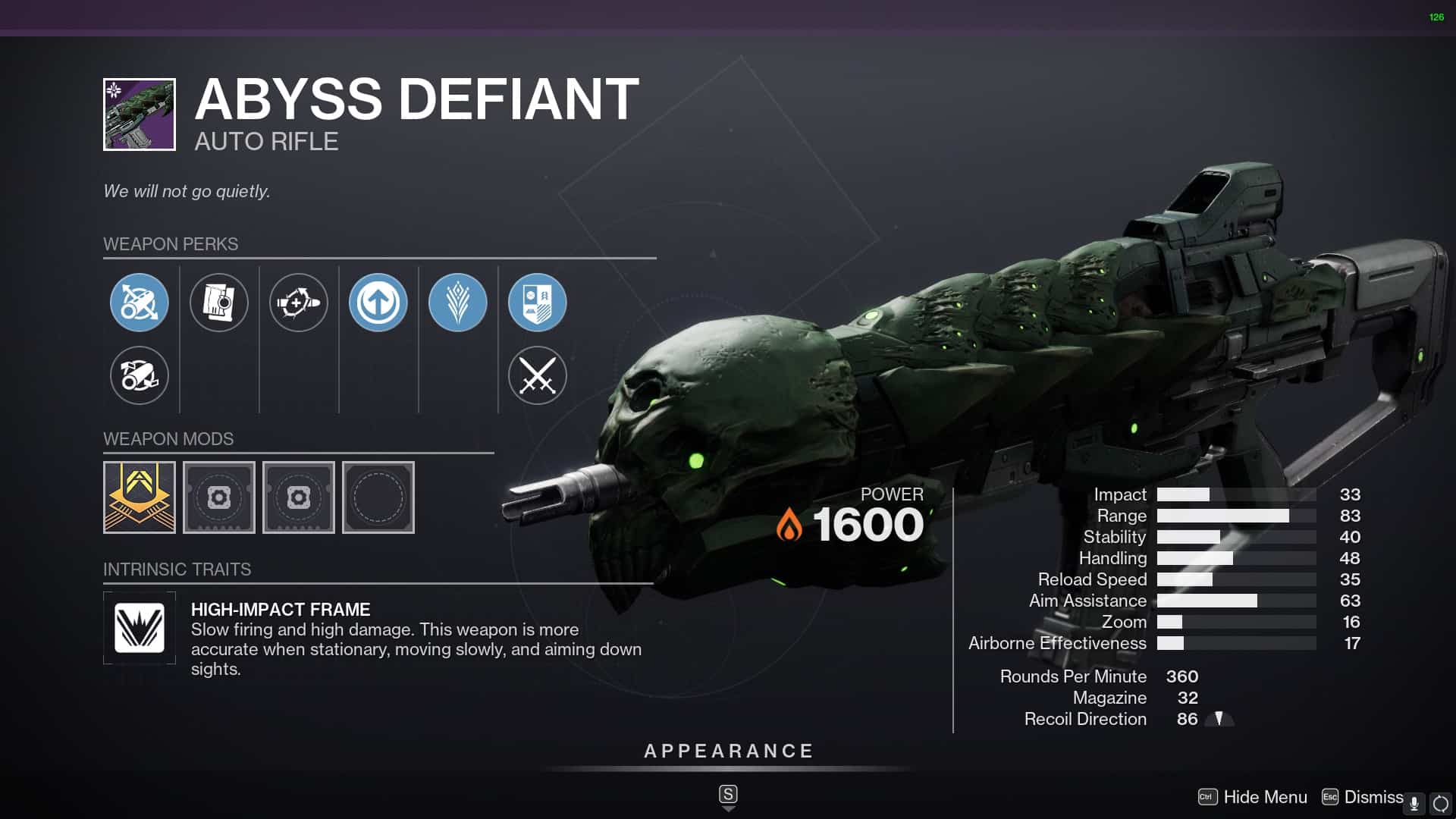 Abyss Defiant Solar High-Impact Auto Rifle – Crota’s End – PvE god roll: Arrowhead Brake, Appended Mag, Reconstruction, Incandescent – PvP god roll: Fluted Barrel, Ricochet Rounds, Zen Moment, Target Lock