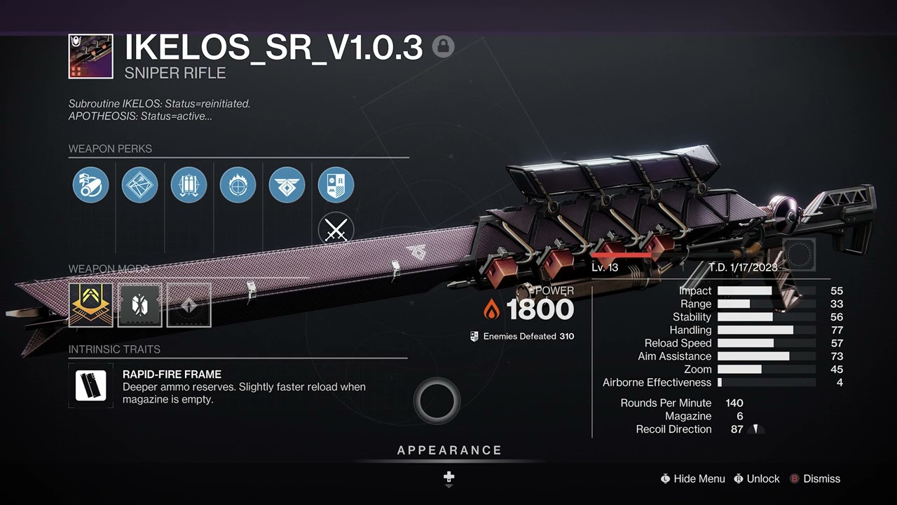 Destiny 2 IKELOS_SR_v1.0.3 Solar Rapid-Fire Sniper Rifle – craftable Season of the Seraph weapon – PvE god roll Chambered Compensator, Tactical Mag, Fourth Time's the Charm, Focused Fury – PvP god roll Corkscrew Rifling, Seraph Rounds, Moving Target, Incandescent