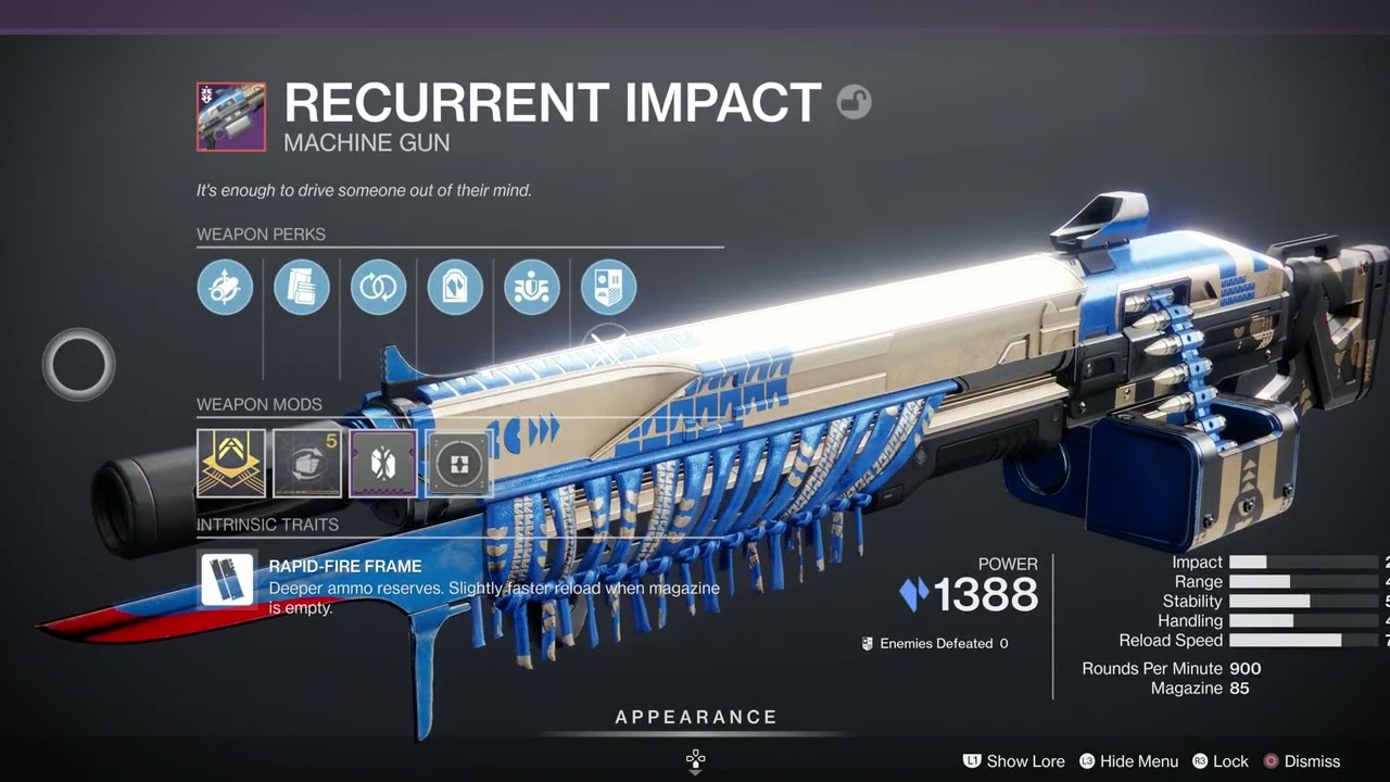 Recurrent Impact Stasis 900 RPM machine gun – Rapid-Fire Frame – PvE god roll Arrowhead Brake, Tactical Mag, Subsistence, Headstone – PvP god roll Smallbore, Accurized Rounds, Perpetual Motion, Tap the Trigger – Destiny 2 Season of the Risen