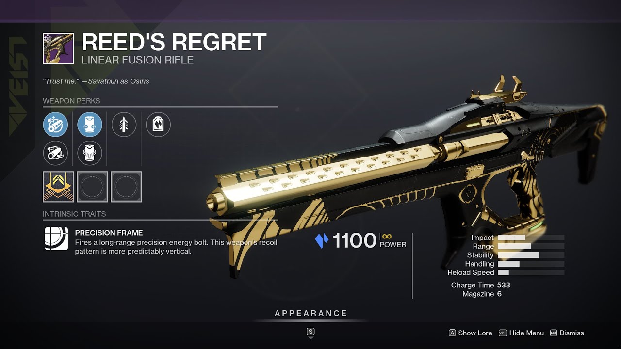 Destiny 2 Reed's Regret Stasis Linear Fusion Rifle – Trials of Osiris – PvE god roll: Arrowhead Brake, Liquid Coils, Triple Tap, Firing Line – PvP god roll: Hammer-Forged Rifling, Accelerated Coils, Heating Up, Rampage