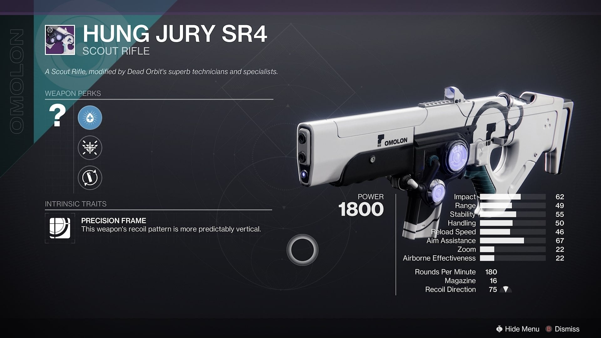 Destiny 2 Hung Jury SR4 scout rifle - Kinetic Precision Frame - PvE god roll: Fluted Barrel, Tactical Mag, Kinetic Tremors, Firefly or Precision Instrument - PvP god roll: Arrowhead Brake, Steady Rounds, No Distractions, Box Breathing - Omolon Dead Orbit weapon