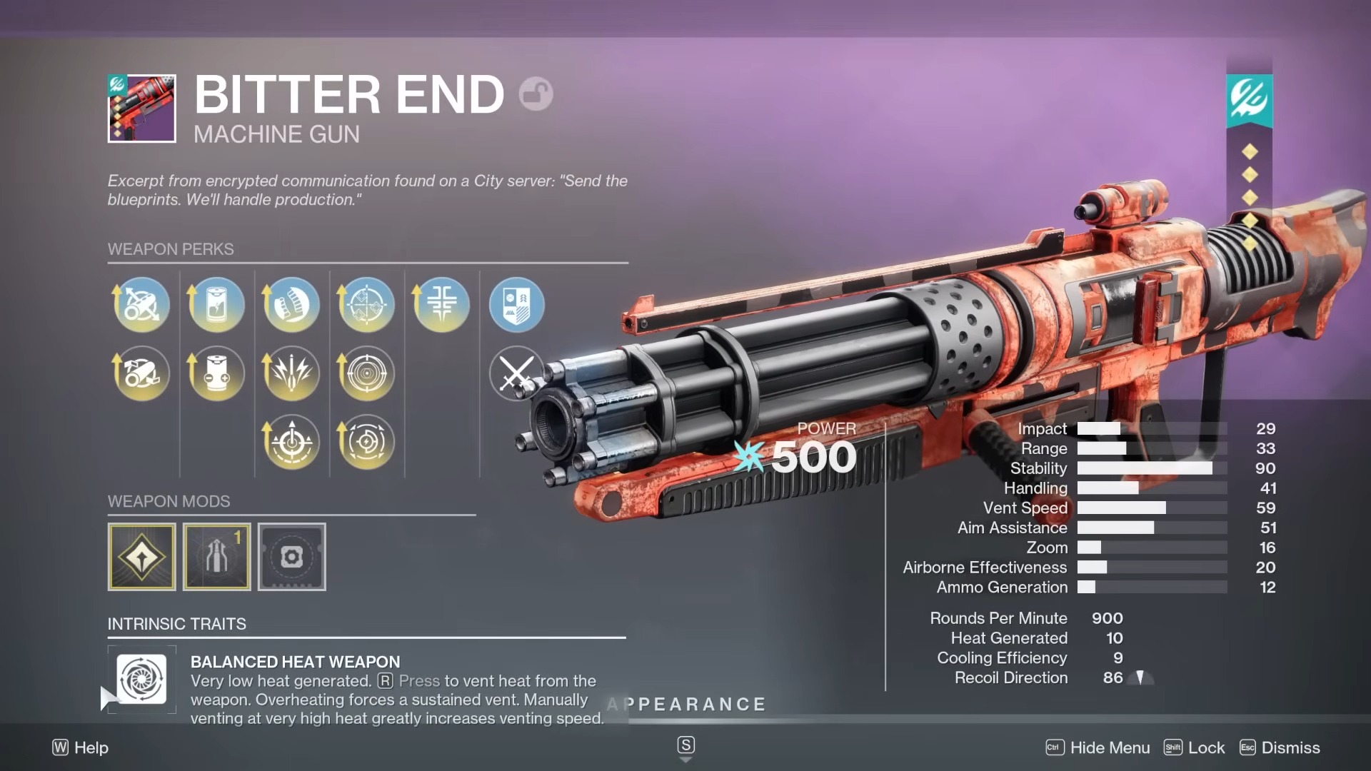 Bitter End Arc Balanced Heat Machine Gun – Renegades Equilibrium dungeon – Arc synergy god rolls Trickle Charge and Jolting Feedback, all-around god roll Attrition Orbs and Jolting Feedback, Arc Titan god roll Trickle Charge and Killing Tally – Heat Weapon archetype – Star Wars Z-6 Rotary Blaster Cannon design