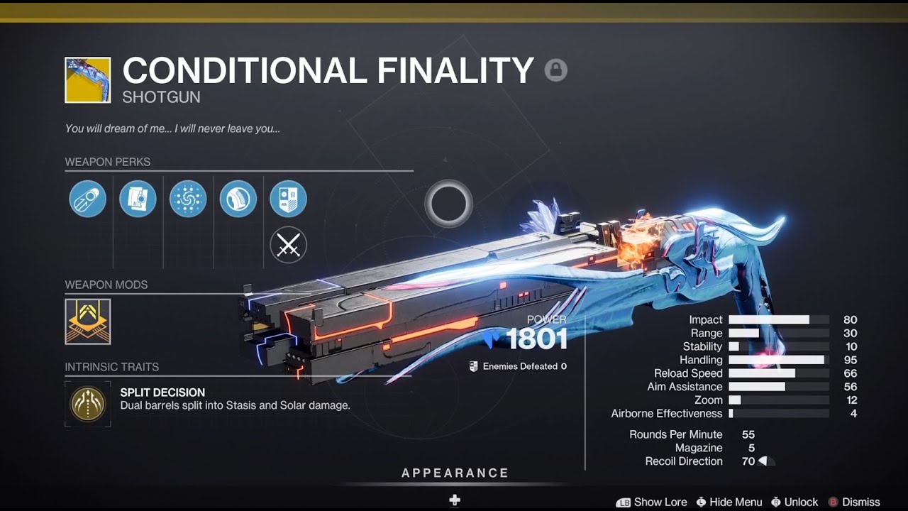 Conditional Finality exotic shotgun – Root of Nightmares raid drop – Stasis and Solar dual barrels with Paracausal Pellets perk – Destiny 2 Lightfall