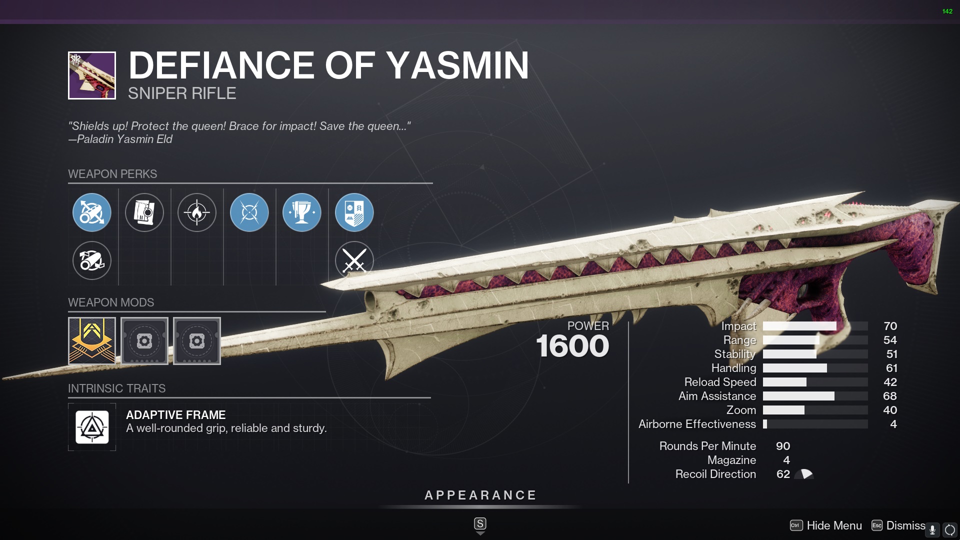 Defiance of Yasmin Destiny 2 sniper rifle – King’s Fall raid craftable weapon – PvP god roll Arrowhead Brake Steady Rounds Snapshot Sights Opening Shot – PvE god roll with Firing Line and Vorpal Weapon – Adaptive Frame Kinetic Special