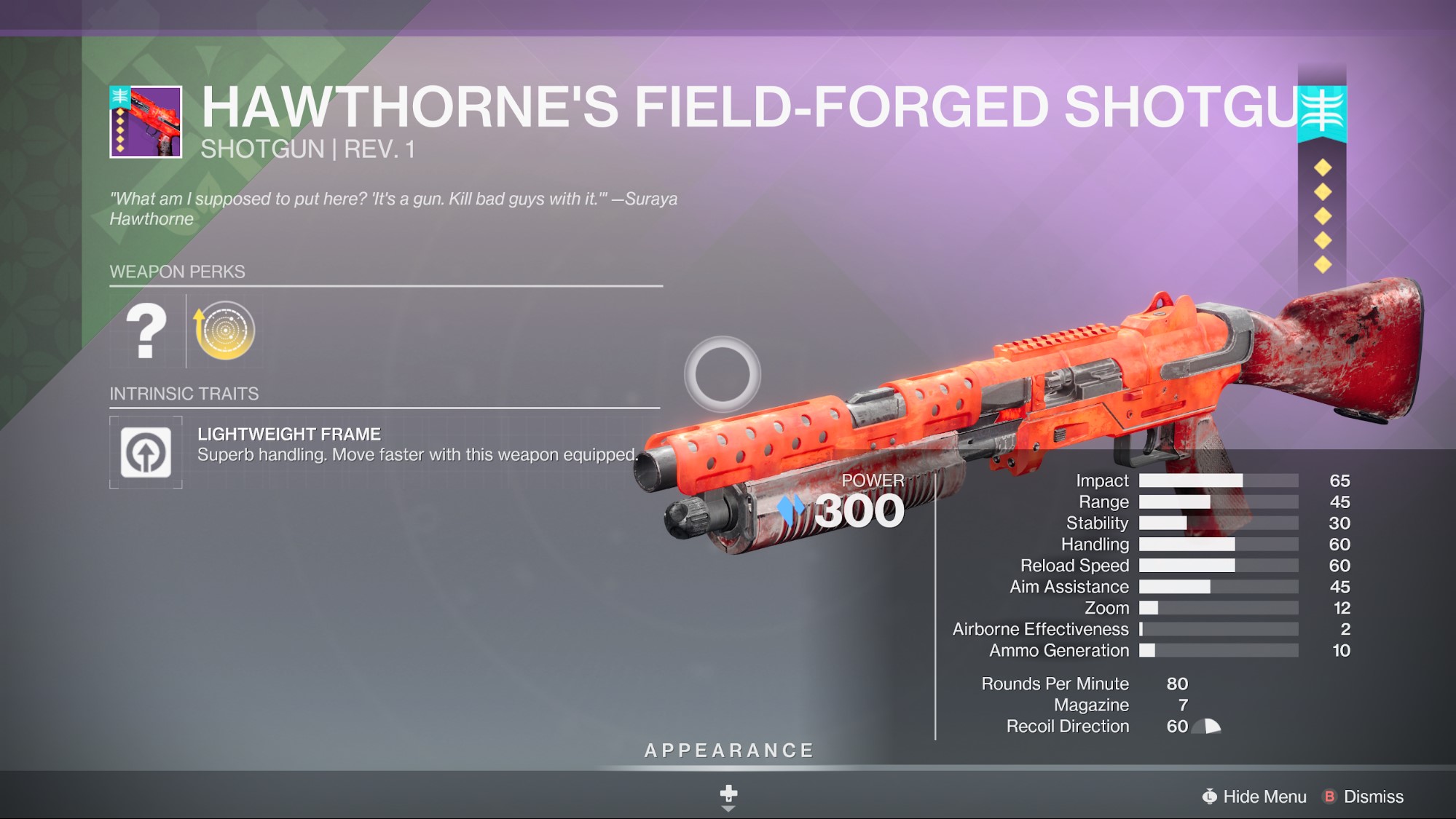 Destiny 2 Hawthorne's Field-Forged Shotgun god roll infographic – Lightweight Stasis shotgun – PvE god roll: Smallbore, Assault Mag, Threat Detector or Lead from Gold, Chill Clip, Stability masterwork – PvP god roll: Barrel Shroud or Full Choke, Accurized Rounds, Slideshot, Closing Time or Opening Shot, Range masterwork