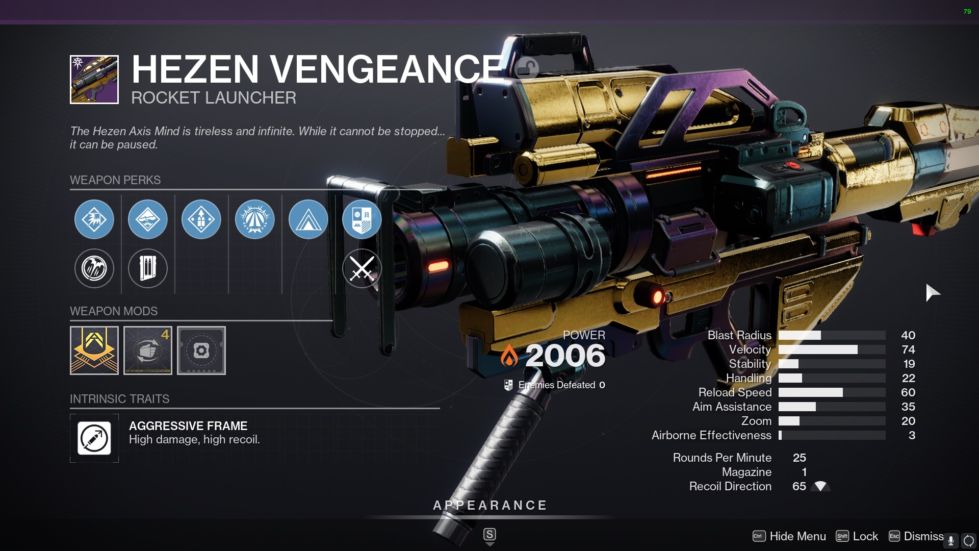 Hezen Vengeance PvE god roll - Quick Launch, Impact Casing, Envious Arsenal, Bait and Switch or Elemental Honing, Handling masterwork - Destiny 2 Vault of Glass rocket launcher