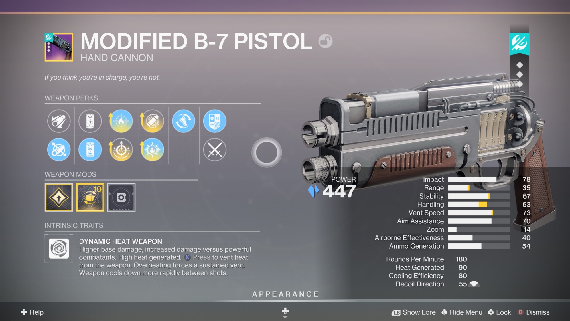 Destiny 2 Modified B-7 Pistol Stasis Hand Cannon – Dynamic Heat Frame – PvE god roll Firefly and Headstone – PvP god roll Keep Away and Eye of the Storm – Renegades expansion