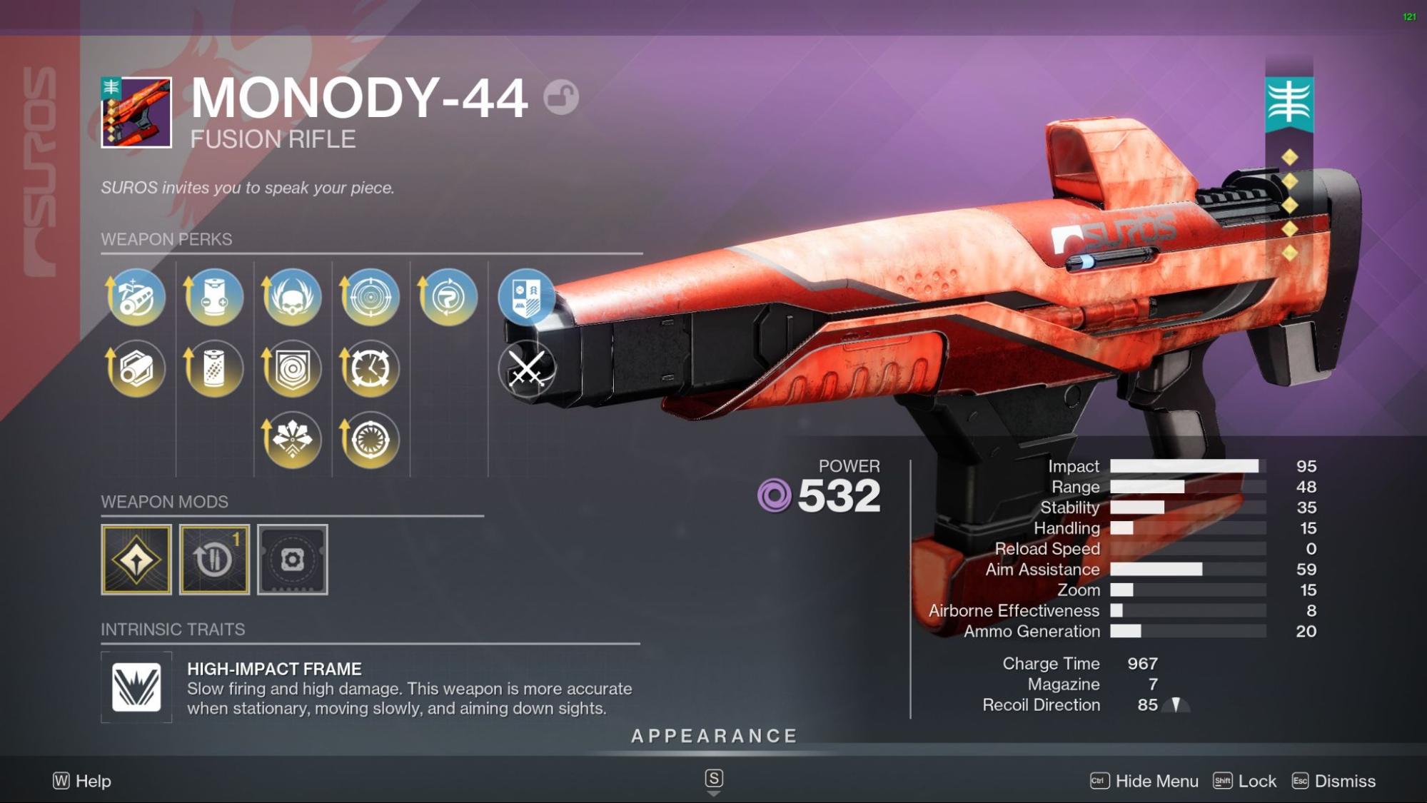 Monody-44 legendary Void High-Impact Fusion Rifle – PvE god roll Corkscrew Rifling or Fluted Barrel, Accelerated Coils, Attrition Orbs or Discord, Controlled Burst, Reload Speed masterwork – PvP god roll Arrowhead Brake or Smallbore, Projection Fuse, Lone Wolf, Closing Time, Range masterwork – Destiny 2