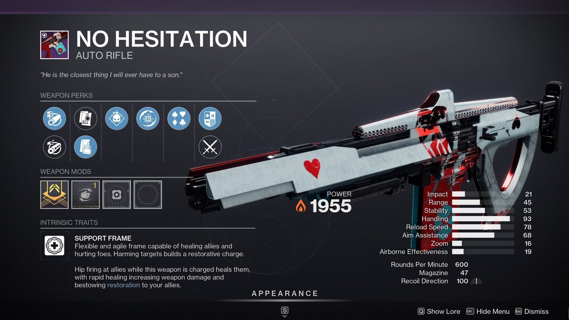 Destiny 2 No Hesitation god roll screen – Solar Auto Rifle – Support Frame – PvE god roll with Physic and Circle of Life – PvP perks and craftable Enclave weapon