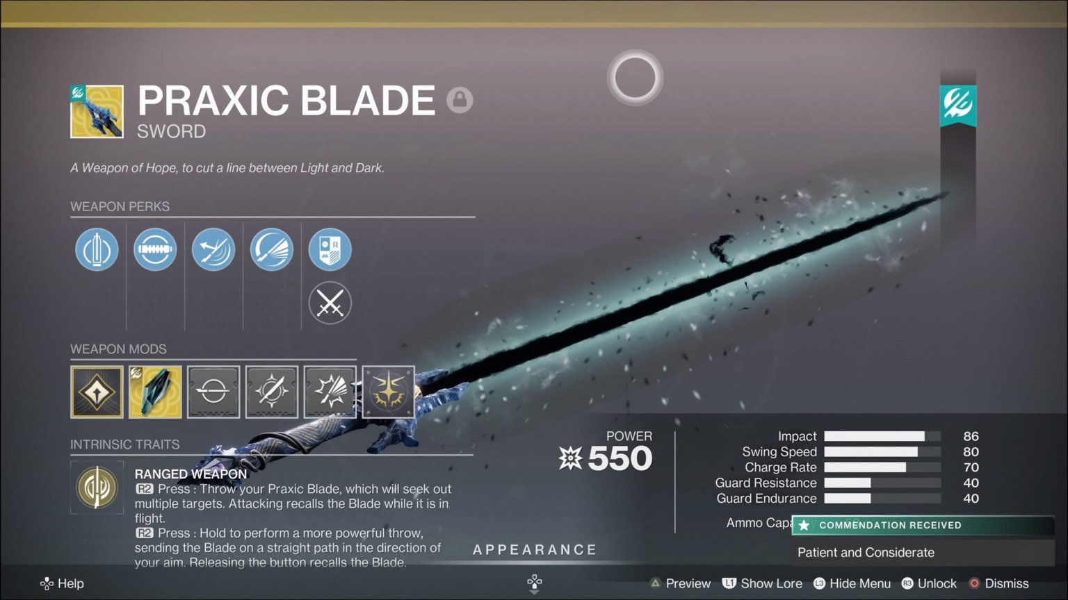 Destiny 2 Praxic Blade Taken Crystal quest item screen – Taken energy crystal – Season of the Deep or weekly mission objective – used to cleanse or unlock Praxic Blade sword