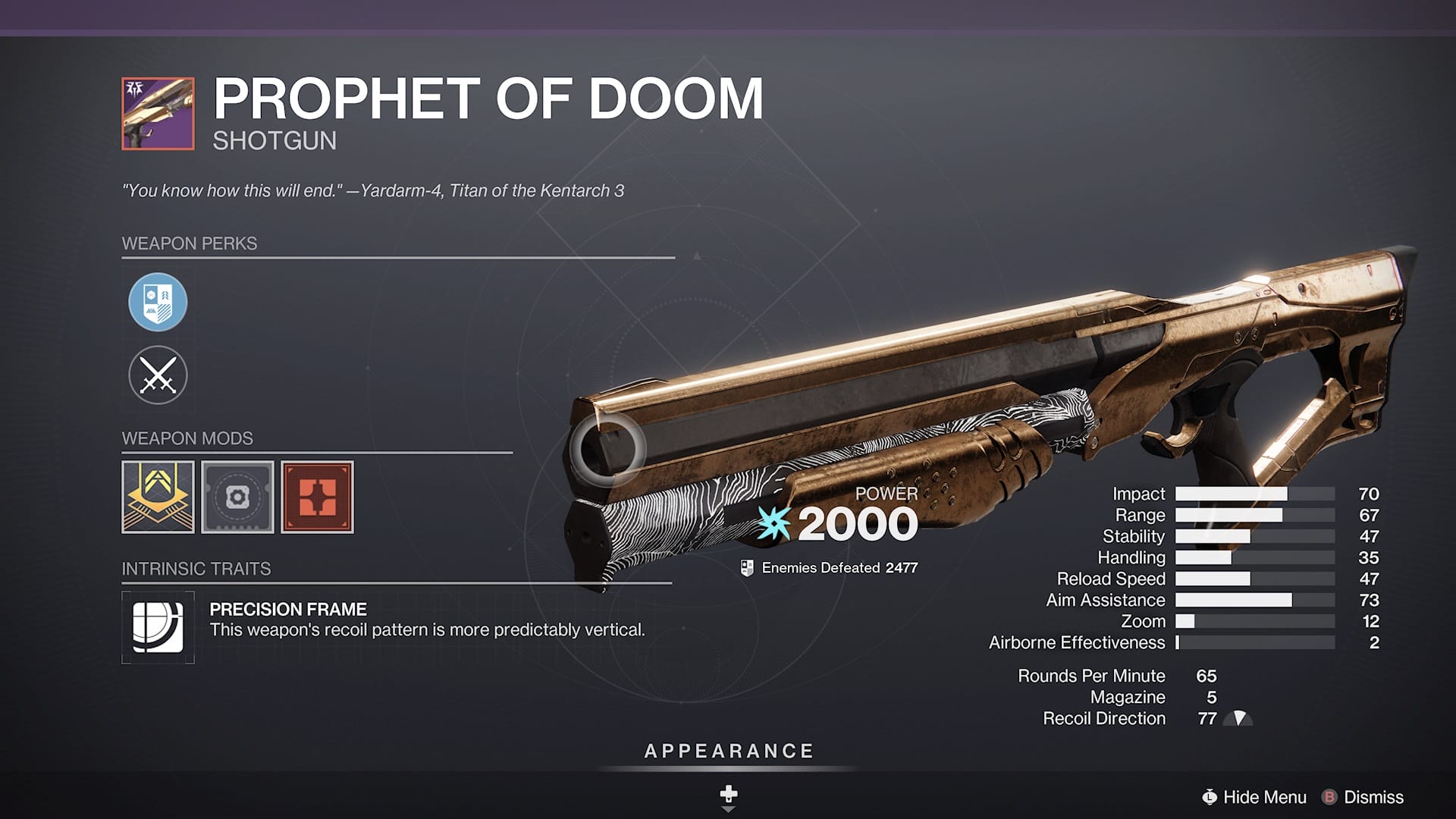 Destiny 2 Prophet of Doom Arc precision frame shotgun – Garden of Salvation raid weapon – PvE god roll: Barrel Shroud, Appended Mag, Envious Arsenal, One-Two Punch – PvP god roll: Barrel Shroud, Accurized Rounds, Threat Detector, Closing Time