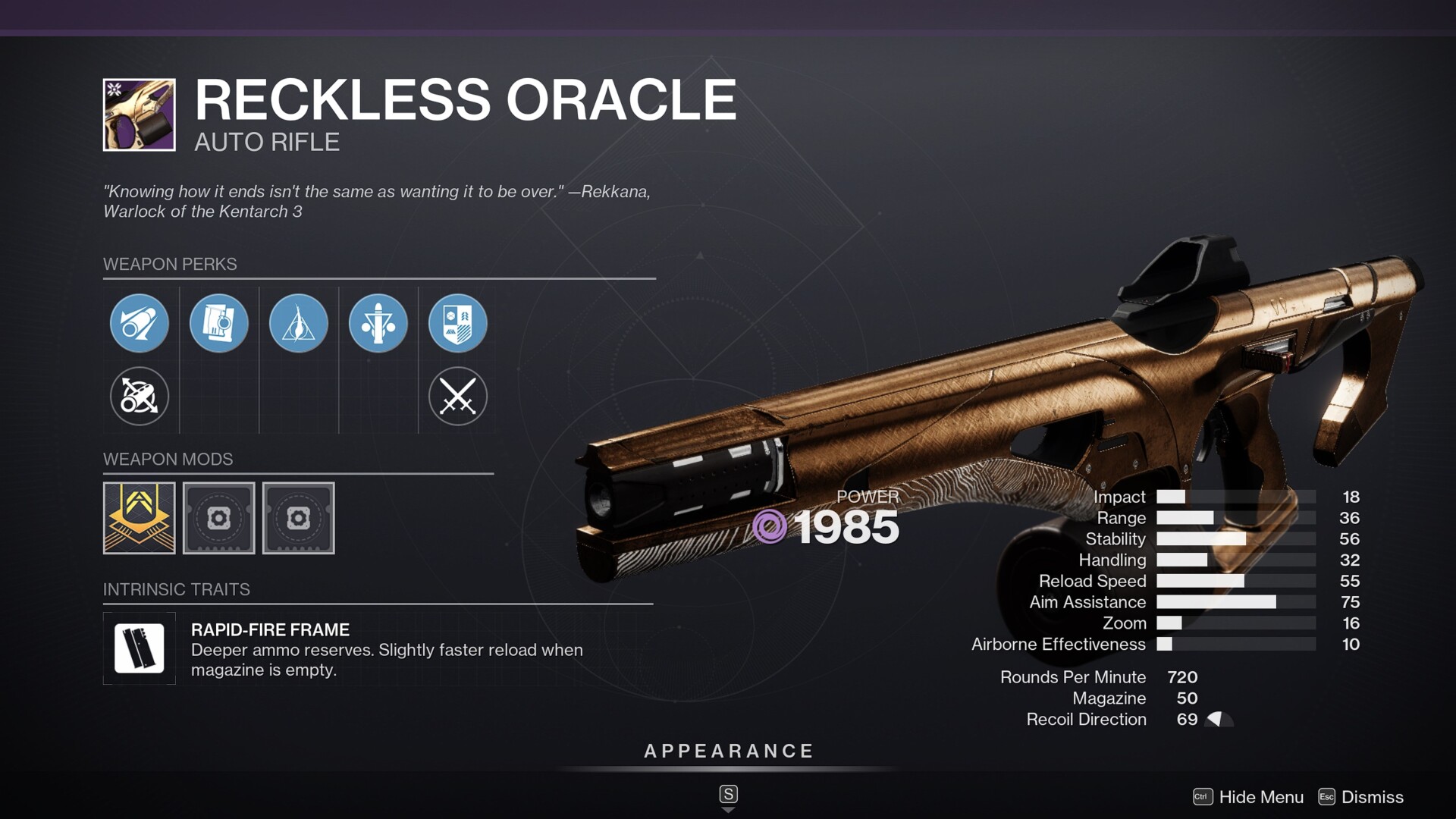 Destiny 2 Reckless Oracle auto rifle god roll screen – Void rapid-fire frame – PvE Subsistence One for All or Destabilizing Rounds Repulsor Brace – PvP Keep Away Dynamic Sway Reduction