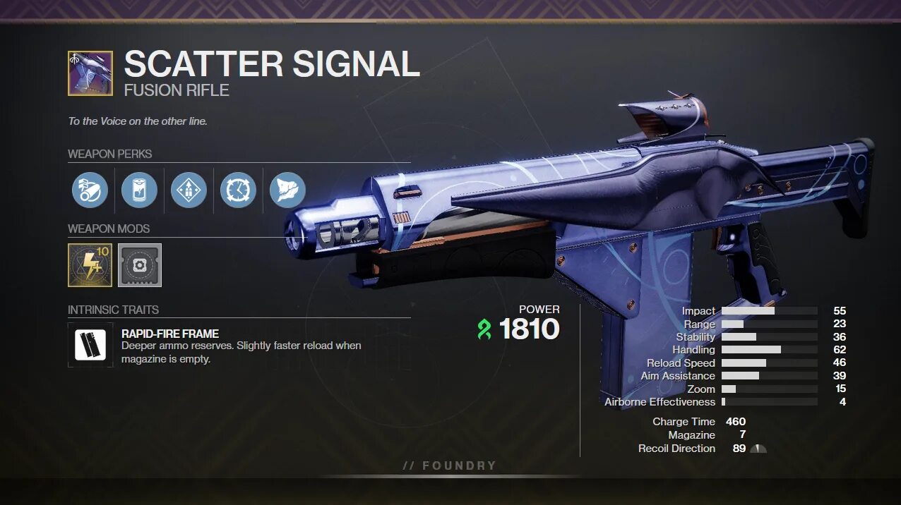 Destiny 2 Scatter Signal – Strand Rapid-Fire Fusion Rifle – PvE god roll: Arrowhead Brake, Enhanced Battery, Overflow, Controlled Burst, Charge Time masterwork – PvP god roll: Chambered Compensator, Projection Fuse, Perpetual Motion, Kickstart, Range masterwork