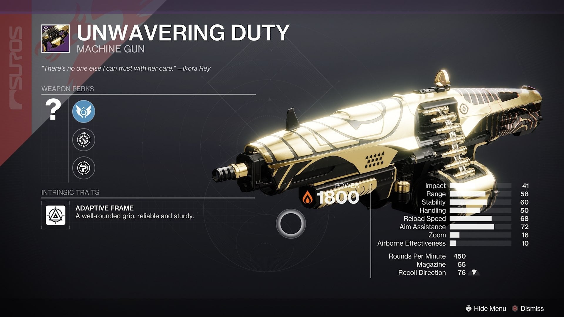 Destiny 2 Unwavering Duty Solar Adaptive Frame Machine Gun – Trials of Osiris weapon – PvE god roll: Arrowhead Brake, Tactical Mag, Subsistence or Envious Assassin, Incandescent or Killing Tally – PvP god roll: Smallbore, Accurized Rounds, Dynamic Sway Reduction, Target Lock or Golden Tricorn