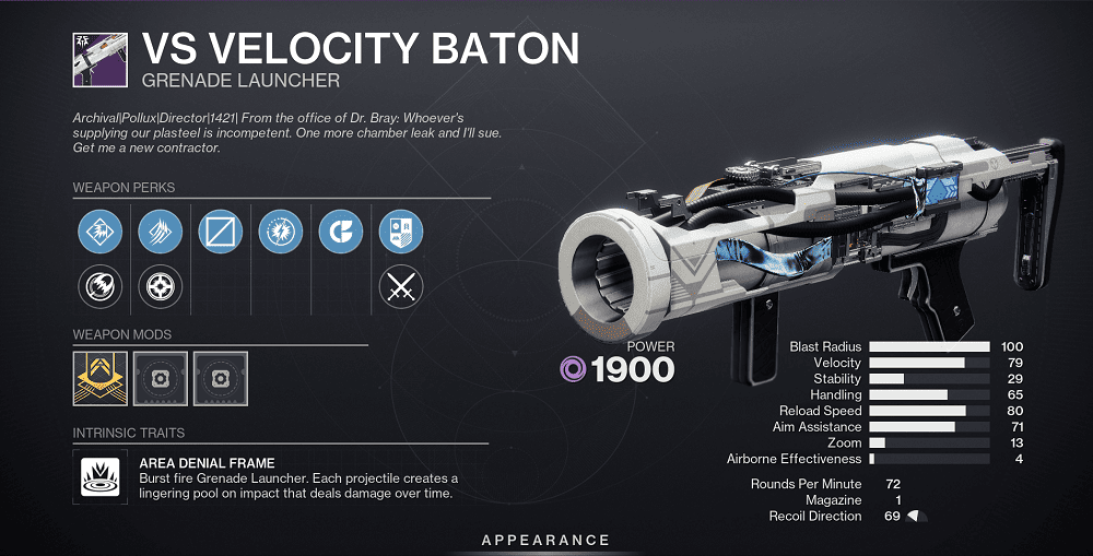 VS Velocity Baton Destiny 2 god rolls – Vesper's Host dungeon Void grenade launcher – PvE god roll Repulsor Brace Destabilizing Rounds – PvP god roll Demolitionist Harmony