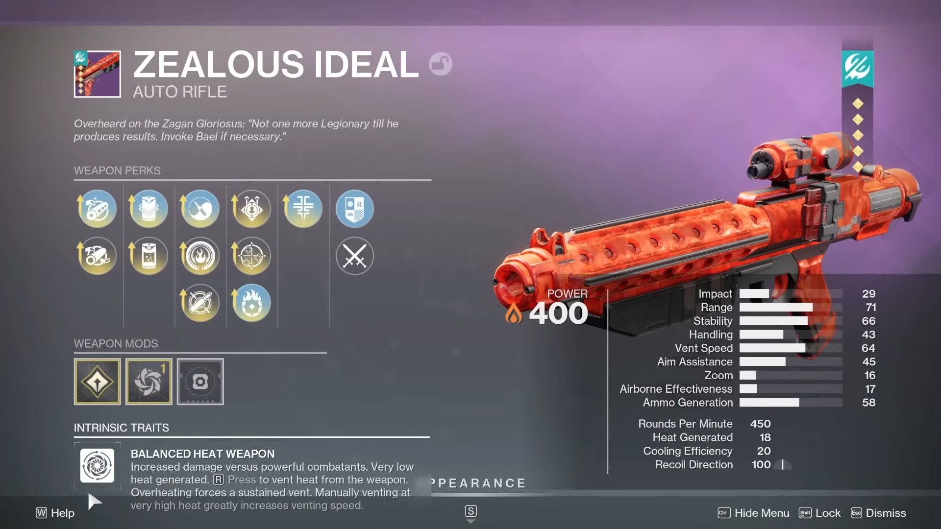 Destiny 2 Zealous Ideal auto rifle god roll screen – 450 RPM Solar Balanced Heat weapon – PvE Heal Clip / Incandescent – PvP Dynamic Sway Reduction / Onslaught – Imperial Allegiance origin trait – Equilibrium dungeon weapon