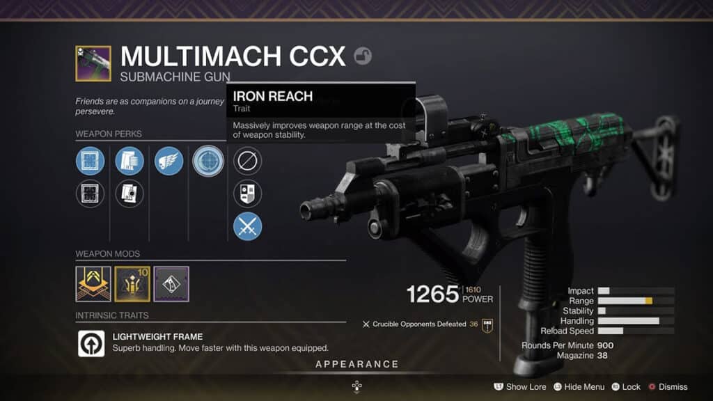 Multimach CCX submachine gun PvP god roll - Destiny 2 Iron Banner weapon - Hammer-Forged Rifling, Accurized Rounds, Dynamic Sway Reduction, Target Lock, Range Masterwork