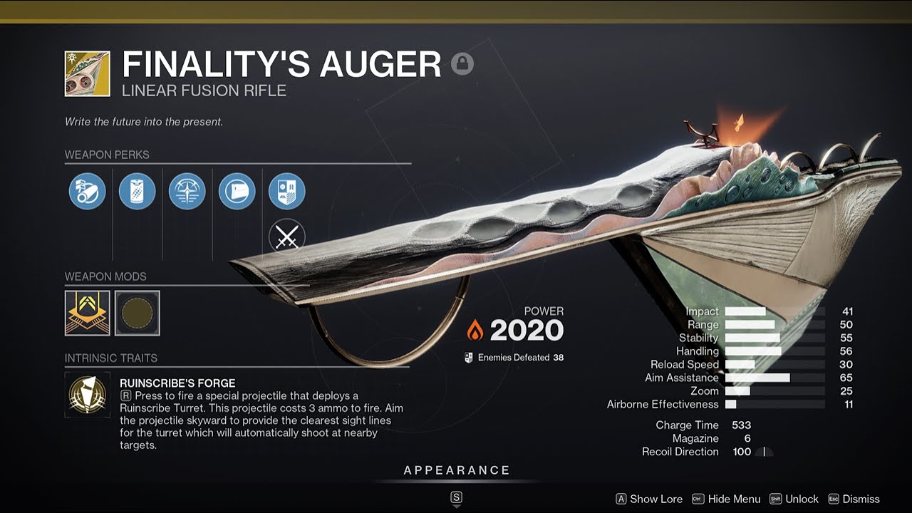 Destiny 2 Finality's Auger Exotic Solar Linear Fusion Rifle – Sundered Doctrine dungeon drop – stats, perks, and Ruinscribe Turret mechanic.