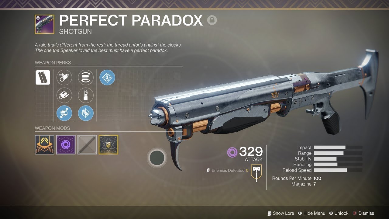 Perfect Paradox Kinetic Rapid-Fire Shotgun – Destiny 2 Echoes reprised weapon – PvE god roll: Barrel Shroud, Tactical Mag, Pugilist or Dual Loader, One-Two Punch or Trench Barrel – PvP god roll: Smallbore, Accurized Rounds, Slideshot, Opening Shot