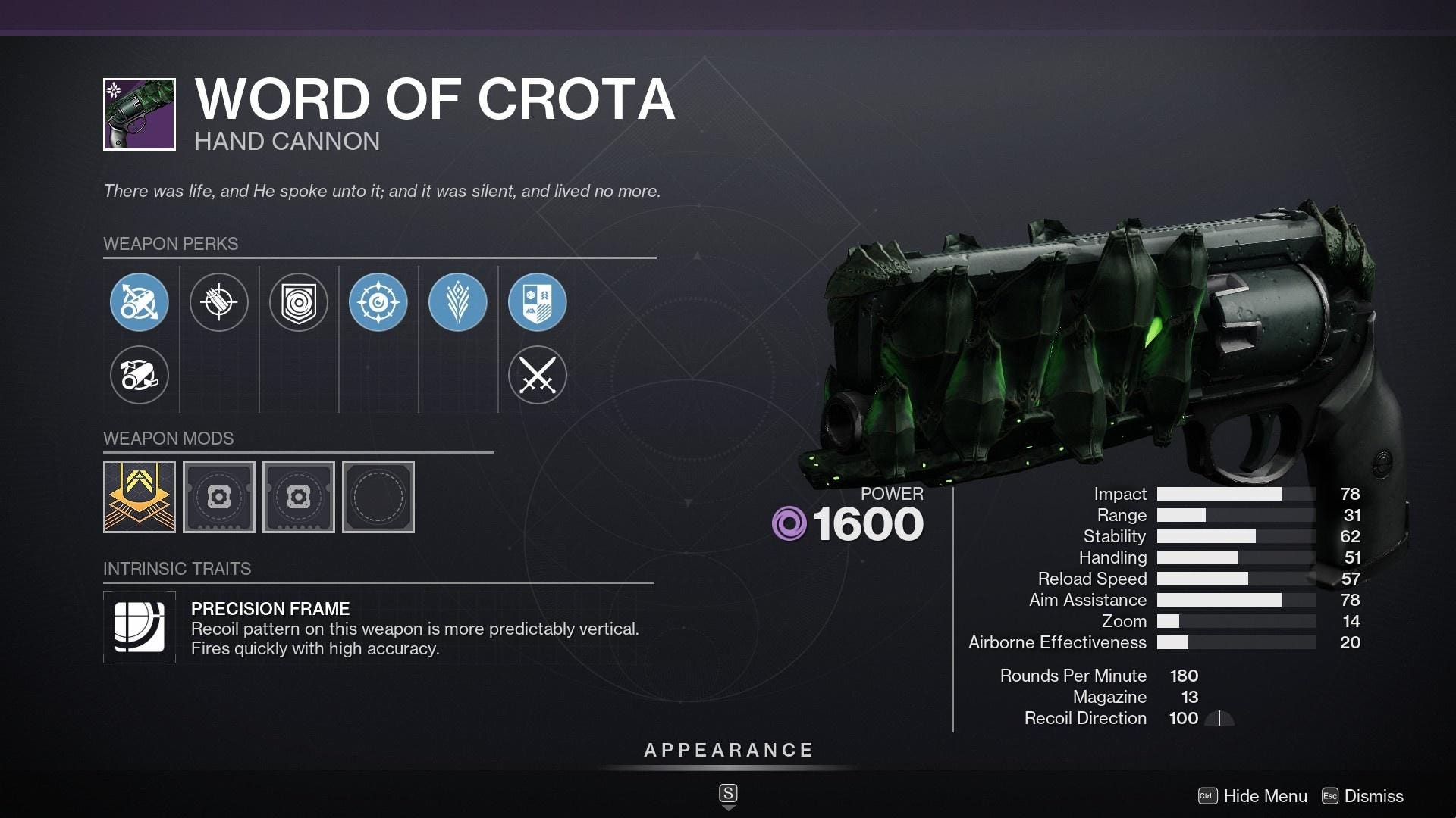 Word of Crota Destiny 2 Void Precision Hand Cannon – Crota's End raid weapon – PvE god roll Destabilizing Rounds and Repulsor Brace or Dragonfly and Frenzy – PvP god roll Explosive Payload and Precision Instrument