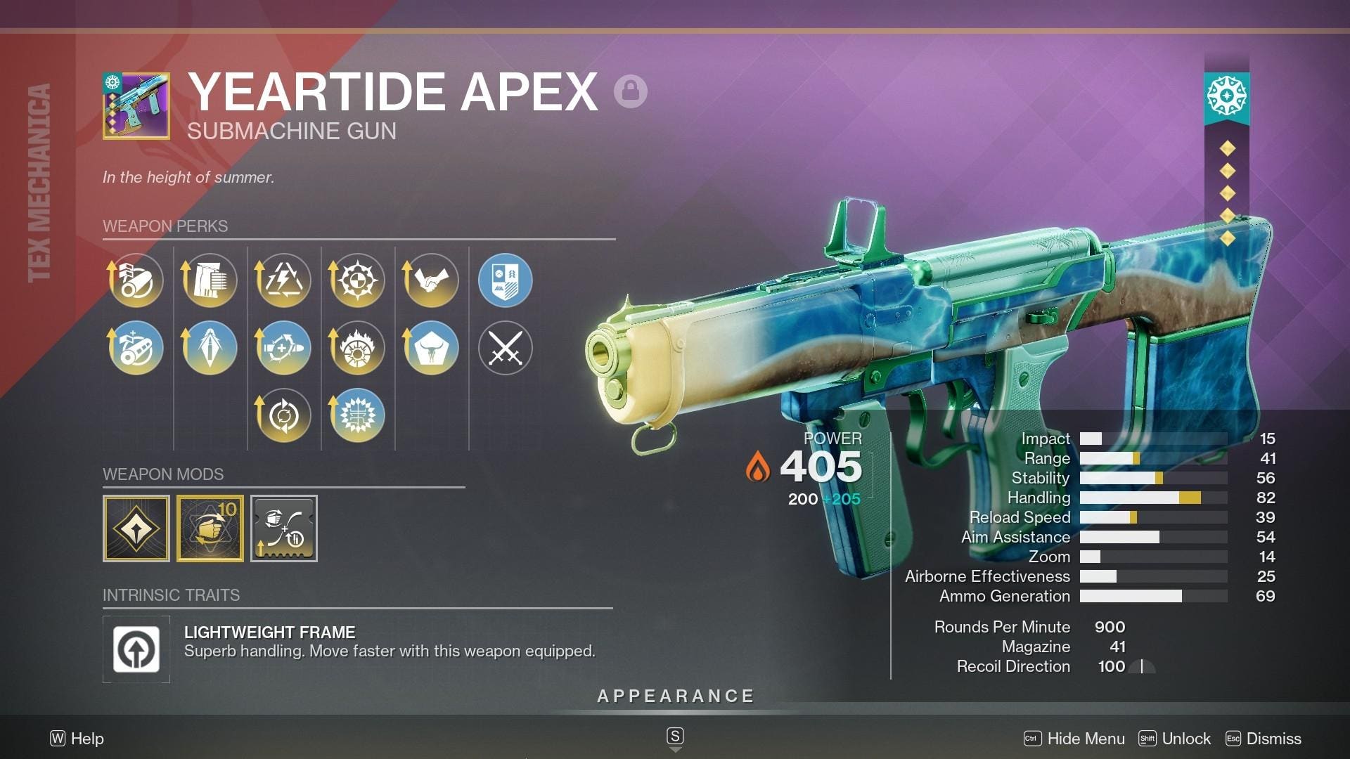 Destiny 2 Yeartide Apex Solar Lightweight SMG – 900 RPM – Tex Mechanica style – PvE god roll Subsistence or Threat Detector and Incandescent – PvP god roll Dynamic Sway Reduction and Kill Clip