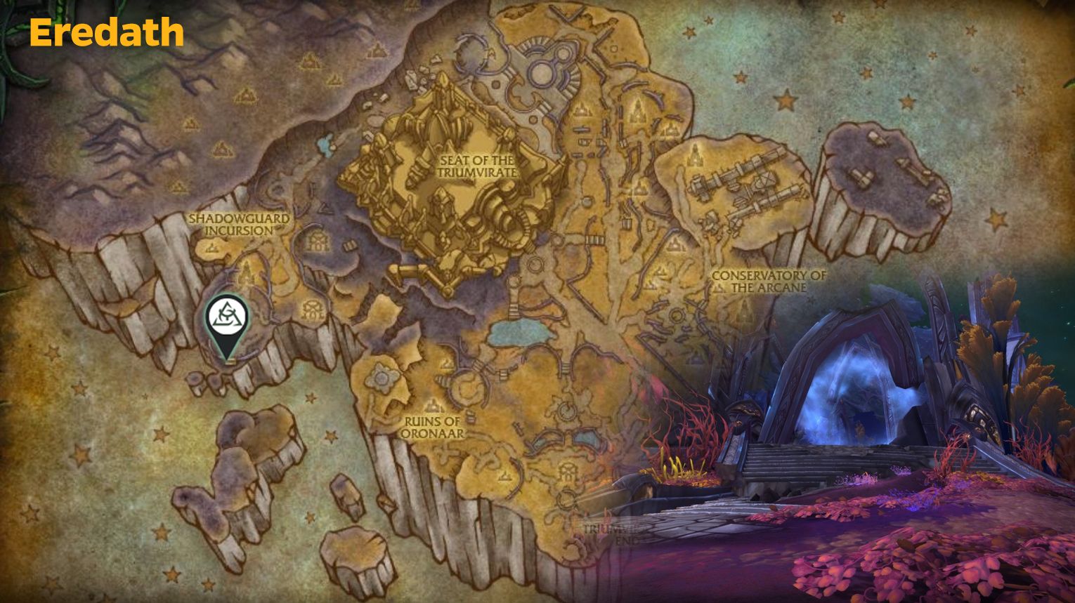 Seat of the Triumvirate dungeon map – Eredath, Argus layout with 4 bosses and pre‑boss events – WoW Midnight Season 1