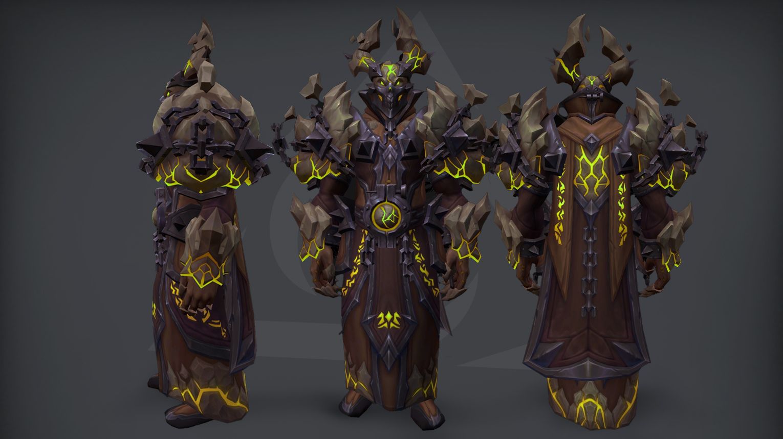 Warlock tier set – Reign of the Abyssal Immolator (LFR) – dark demonic armor with minimal green glow – WoW Midnight Season 1