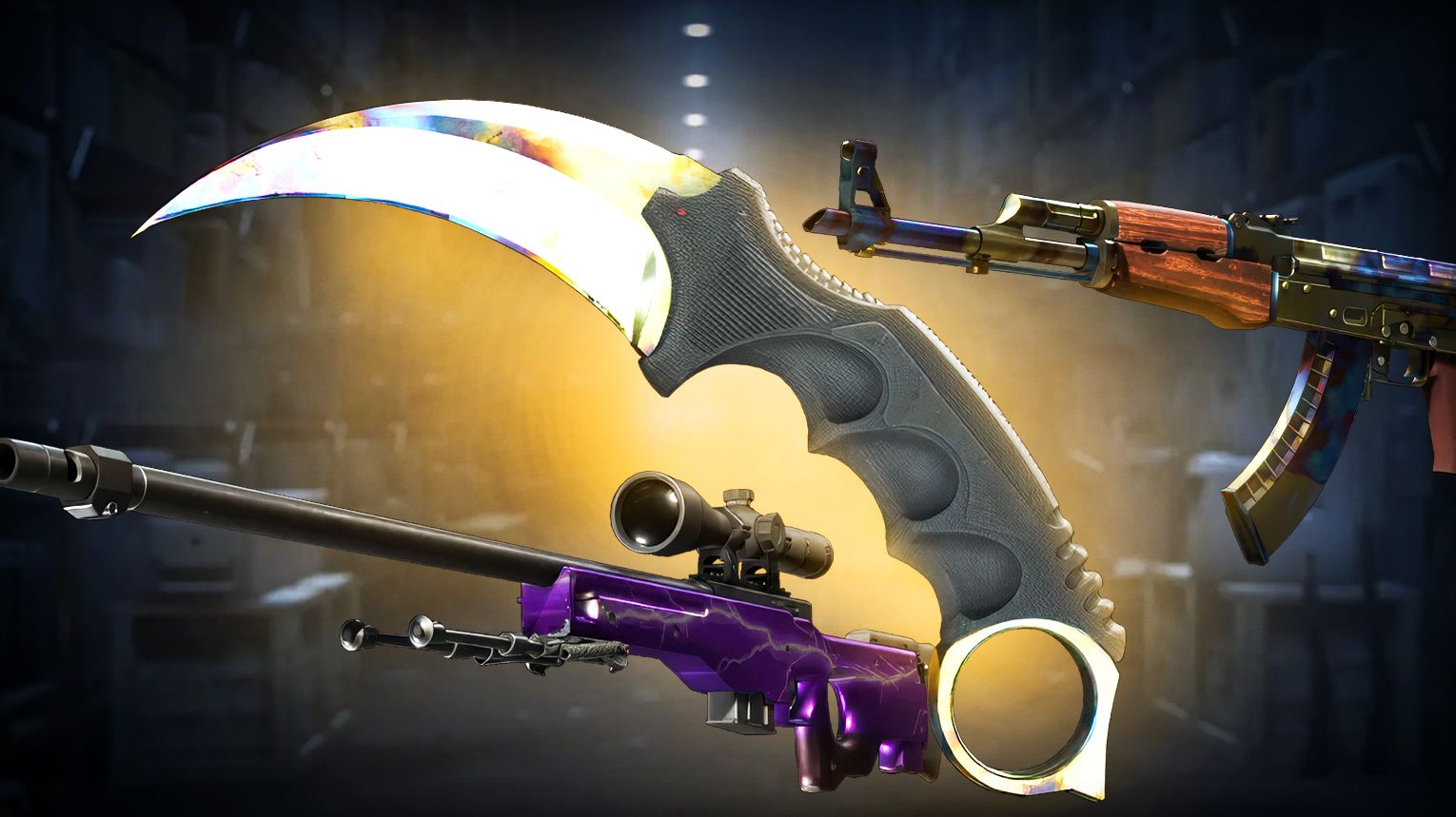 CS:GO Weapon Case - Covert AWP Lightning Strike - Classified AK-47 Case Hardened and Desert Eagle Hypnotic - OG 5 knives Karambit, M9 Bayonet, Bayonet, Flip Knife, Gut Knife in classic finishes - Counter-Strike 2
