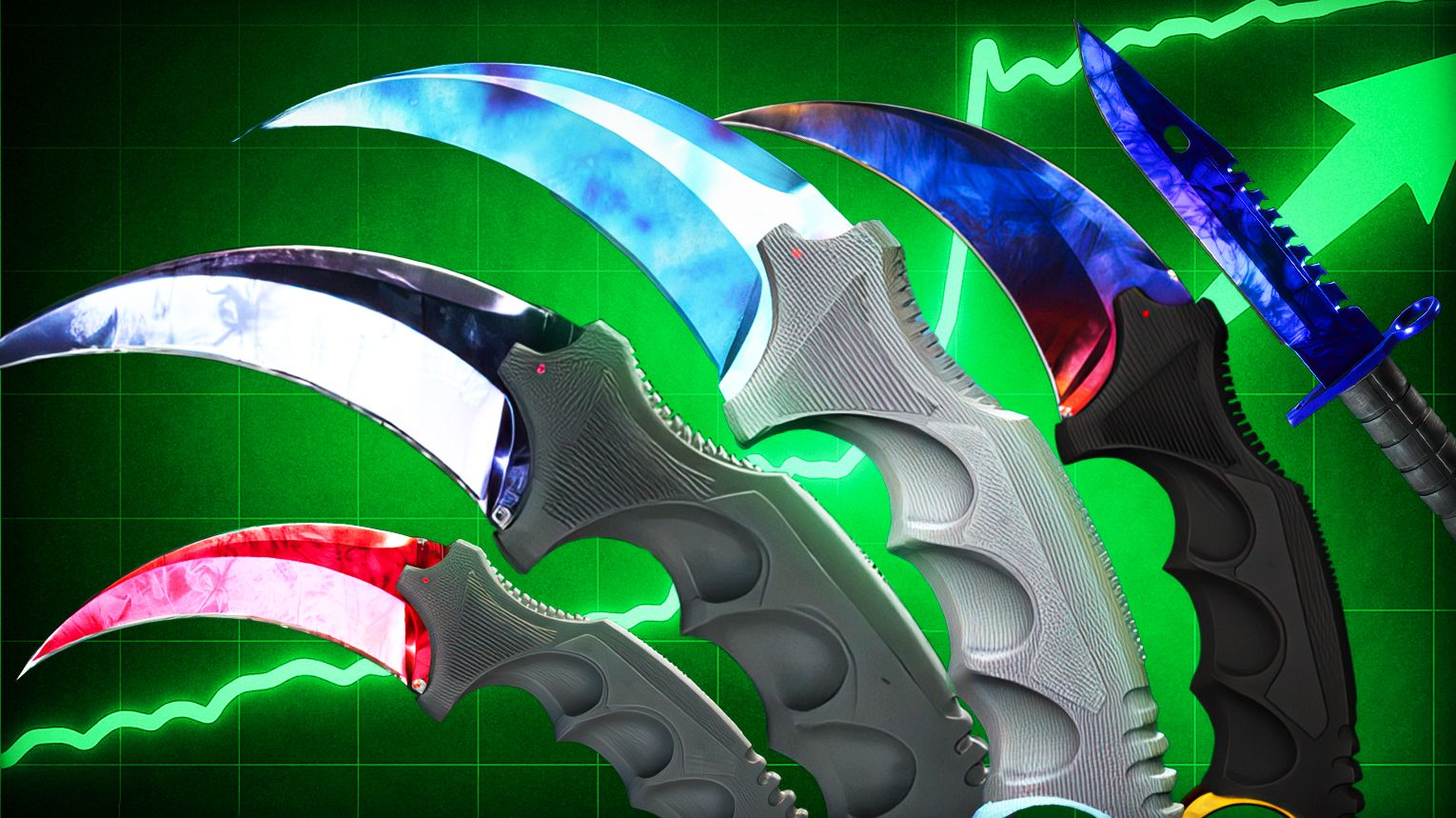 Most expensive CS2 knives in 2026 – Karambit Case Hardened Blue Gem Pattern 387 over 1 million dollars, Butterfly Knife Case Hardened Blue Gem 30K to 100K dollars, Karambit Doppler Black Pearl 9K to 12K dollars, M9 Bayonet Doppler Sapphire 6K to 10K dollars, Karambit Doppler Ruby 7K to 10K dollars, Karambit Marble Fade Fire and Ice 4K to 8K dollars, Karambit Crimson Web Factory New 6,560 dollars, StatTrak Karambit Crimson Web 33K to 50K dollars – Counter-Strike 2