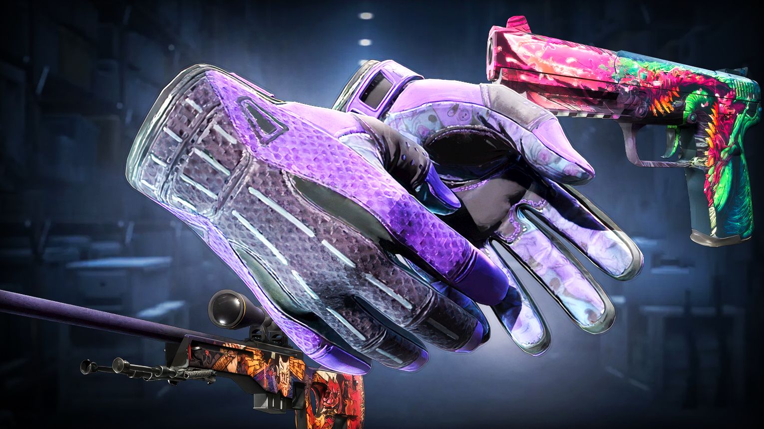 Operation Hydra Case – premium gloves including Pandora's Box, Covert AWP Oni Taiji, and all 8 glove models – CS2