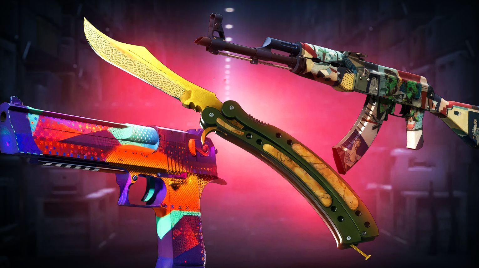 Operation Riptide Case - Covert AK-47 Leet Museo and Desert Eagle Ocean Drive - Classified SSG 08 Turbo Peek, Glock-18 Snack Attack, MAC-10 Toybox - gold tier knives in Gamma finishes including Butterfly Knife, Karambit, M9 Bayonet, Bayonet, Flip Knife, Gut Knife, Huntsman Knife, Falchion Knife, Bowie Knife, Shadow Daggers, Navaja Knife - Counter-Strike 2