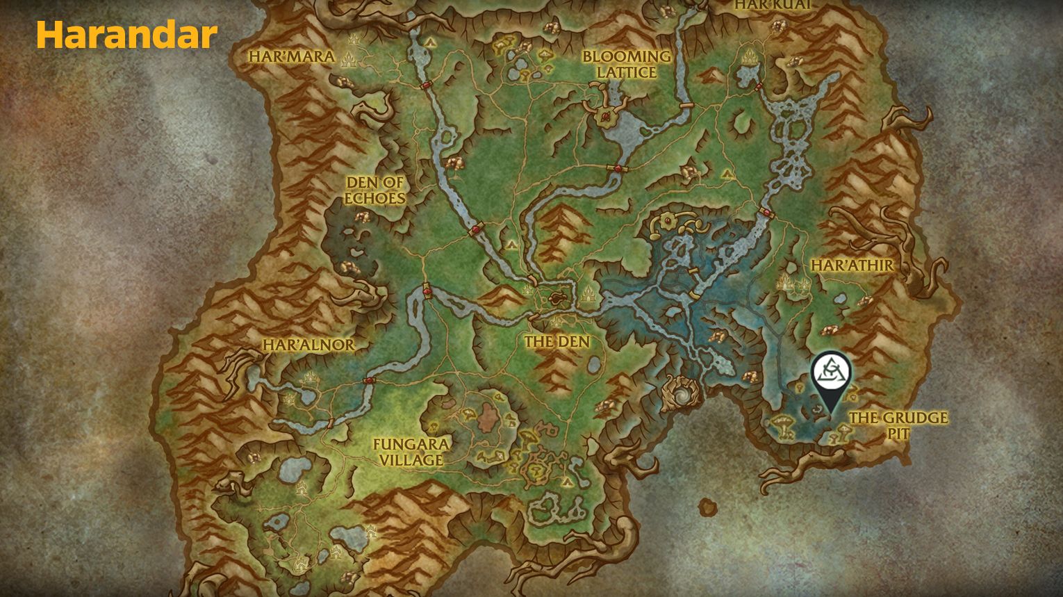 Sporefall raid entrance location – Harandar, near Grudge Pit delve, flight point Har'athir.