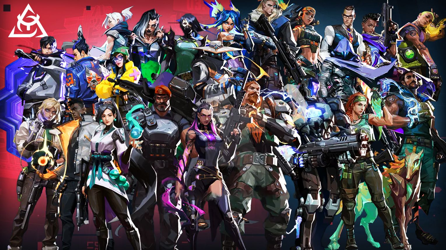 A complete lineup of all 28 playable Valorant agents arranged by role. Duelists (Jett, Phoenix, Reyna, Raze, Yoru, Neon, Iso, Waylay) on the left. Controllers (Brimstone, Viper, Omen, Astra, Harbor, Clove, Miks) in the center-left. Initiators (Sova, Breach, Skye, KAY/O, Fade, Gekko, Tejo) in the center-right. Sentinels (Sage, Cypher, Killjoy, Chamber, Deadlock, Vyse, Veto) on the right. Each agent is displayed with their signature ability icons and role color coding. Background features the Valorant logo and a tactical grid pattern.