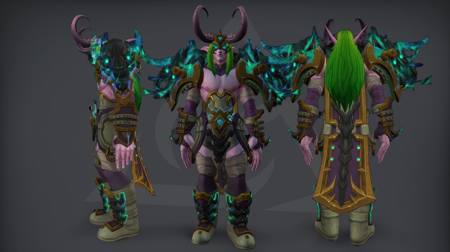 Demon Hunter PvP tier set from Midnight Season 2 — dark leather armor with jagged, demonic silhouettes, hooded cowl with blindfold, and warglaive-shaped shoulder pads. The set includes both Elite (1800 rating) and Gladiator (50 wins at 2300 rating in 3v3) variants. Background features a moonlit arena with fel-green flames and shattered demonic chains.