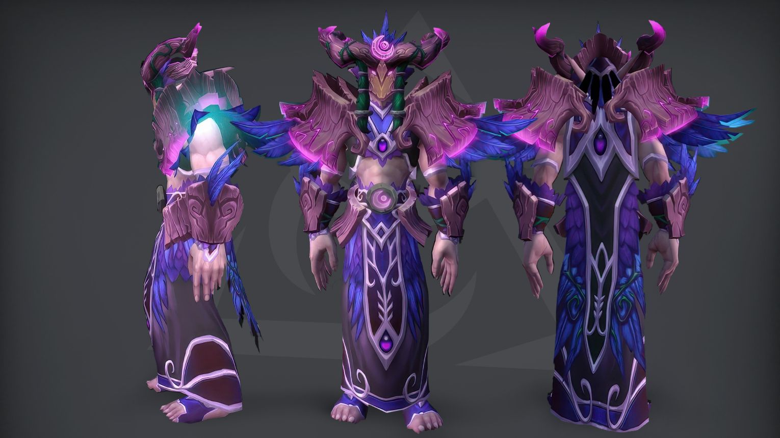 Druid PvP tier set from Midnight Season 2 — leather armor with organic, root‑like patterns, leafy shoulder pads, and an antlered hood. The set includes both Elite (1800 rating) and Gladiator (50 wins at 2300 rating in 3v3) variants. Background features a moonlit grove with glowing wildlife and ancient stone pillars.