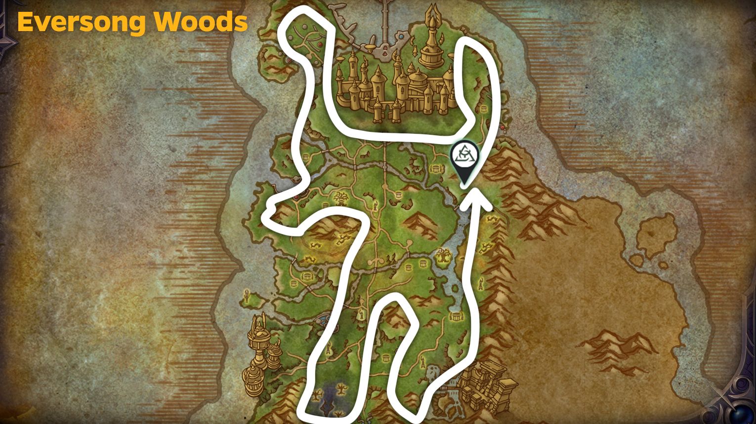 Eversong Woods mining routes — edge loops, cliff lines, and ore deposits in WoW Midnight.