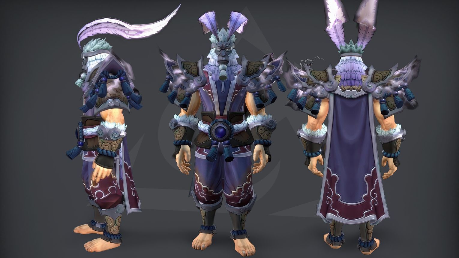 Monk PvP tier set from Midnight Season 2 — lightweight leather armor with flowing silk wraps, tiger-stripe patterns, and a blindfolded hood. The set includes both Elite (1800 rating) and Gladiator (50 wins at 2300 rating in 3v3) variants. Background features a moonlit arena with swirling mist and floating meditation orbs.