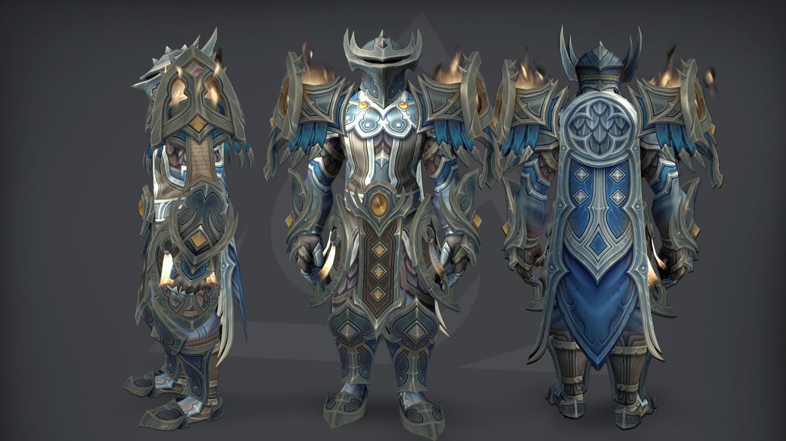 WoW Midnight Season 2 Paladin tier set guide cover: Holy, Protection, and Retribution 2-piece and 4-piece set bonuses from the Venomous Abyss raid. Radiant gold platemail with sky-blue and crimson inlays, crowned open-faced helm, and shoulders wreathed in living holy flame.