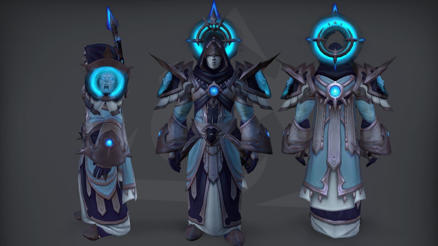 Priest PvP tier set from Midnight Season 2 — ornate cloth robes with ethereal, shadowy motifs, crescent moon-shaped shoulder pads, and a hooded cowl with a glowing halo. The set is available in Elite (1800 rating) and Gladiator (50 wins at 2300 rating in 3v3) variants. Background features a moonlit sanctum with floating prayer beads and holy runes.