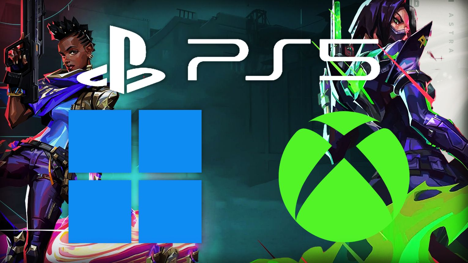 A futuristic split-screen concept art showing three Valorant platforms: PC with mouse and keyboard on the left, PlayStation 5 and Xbox Series X|S controllers in the center, and a mobile phone on the right. Glowing connection lines and question marks hover between the platforms, representing the unknown future of crossplay. A large "2026" and "Beyond" text overlay with the Valorant logo at the bottom. A faint "Rumored" badge appears near the PC-console connection.