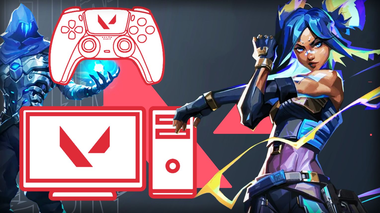 A split illustration comparing PC and console Valorant gameplay. Left side shows a mouse and keyboard with a "PC Only" label. Right side shows a PS5 and Xbox controller connected by a link icon with "Console Crossplay" text. A large red "X" symbol sits between the two sides, representing the absence of crossplay between PC and console. Background features the Valorant logo, stylized agent silhouettes, and a "Crossplay Myths" heading.