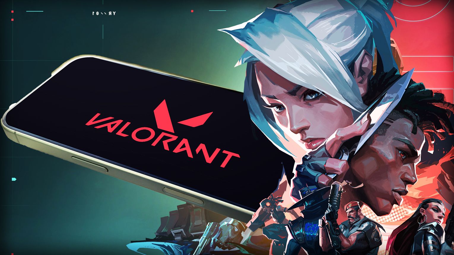 Valorant Mobile splash screen featuring the game's logo with a mobile phone frame overlay. Two hands holding a smartphone showing in‑game gameplay with agents, abilities, and the tactical HUD. Background features the signature Valorant color palette of red, white, and black with stylized agent silhouettes. A globe icon in the corner represents the upcoming global release.