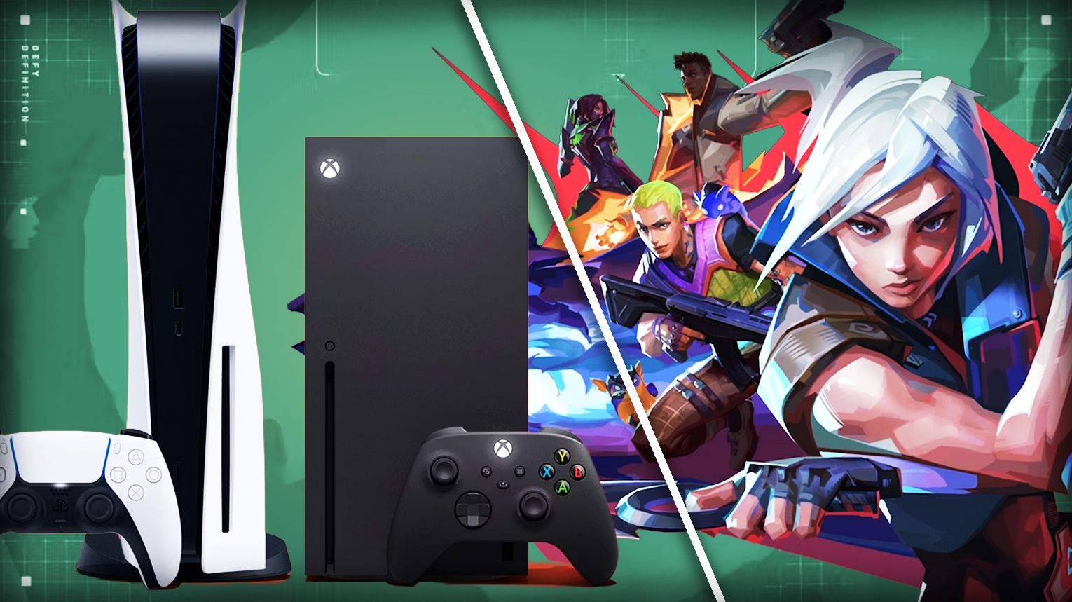 Valorant console splash screen with PlayStation 5 and Xbox Series X|S controllers side by side. A crossed‑out PlayStation 4 logo in the corner indicates the game is not available on last‑gen hardware. Background features the game's signature stylized character art and the Valorant logo.