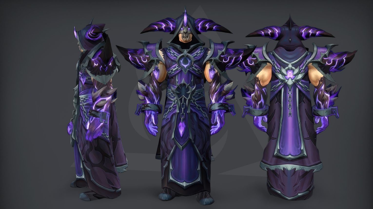 Warlock PvP tier set from Midnight Season 2 — dark, serpentine cloth robes with coiled snake motifs, venom‑green accents, and hooded cowl with glowing eyes. The set includes both Elite (1800 rating) and Gladiator (50 wins at 2300 rating in 3v3) variants. Background features a moonlit arena with shadowy summoning circles and floating demonic runes.