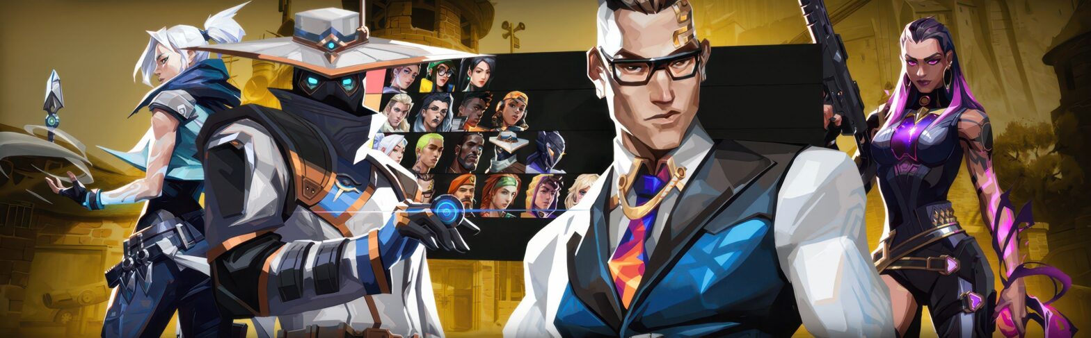 Collage of all 25 Valorant agents divided by roles: Duelists (Jett, Phoenix, Reyna, Raze, Yoru, Iso, Waylay), Initiators (Sova, Breach, Skye, KAY/O, Fade, Gekko, Tejo), Sentinels (Cypher, Killjoy, Sage, Chamber, Deadlock, Vyse), and Controllers (Brimstone, Omen, Viper, Astra, Harbor, Clove). Each agent appears in their signature color scheme with distinctive abilities. Background features the Ascent map with a tactical grid and the Valorant logo.