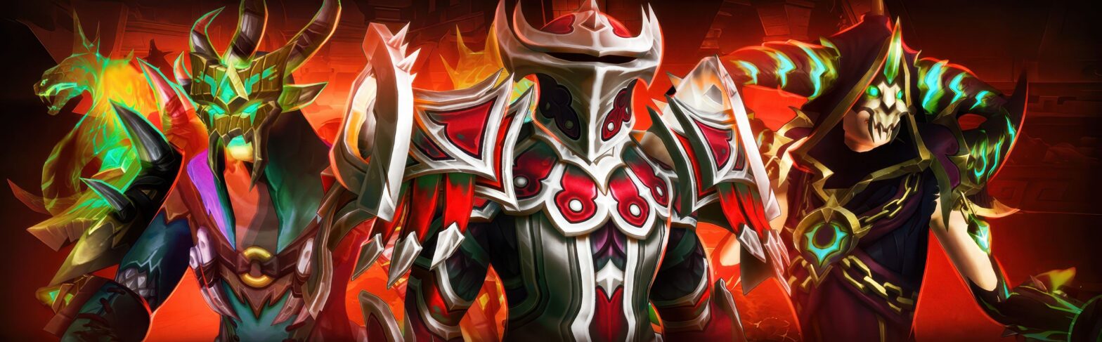 Collage of Elite and Gladiator PvP tier sets from Midnight Season 2 for all 13 WoW classes: Death Knight, Demon Hunter, Druid, Evoker, Hunter, Mage, Monk, Paladin, Priest, Rogue, Shaman, Warlock, Warrior. The armor features dark, crimson, and toxic green tones with Midnight signature elements — spikes, bone inlays, and glowing details. In the foreground, a Warrior in full Gladiator armor with a two‑handed sword stands against an arena and lava fissures background.