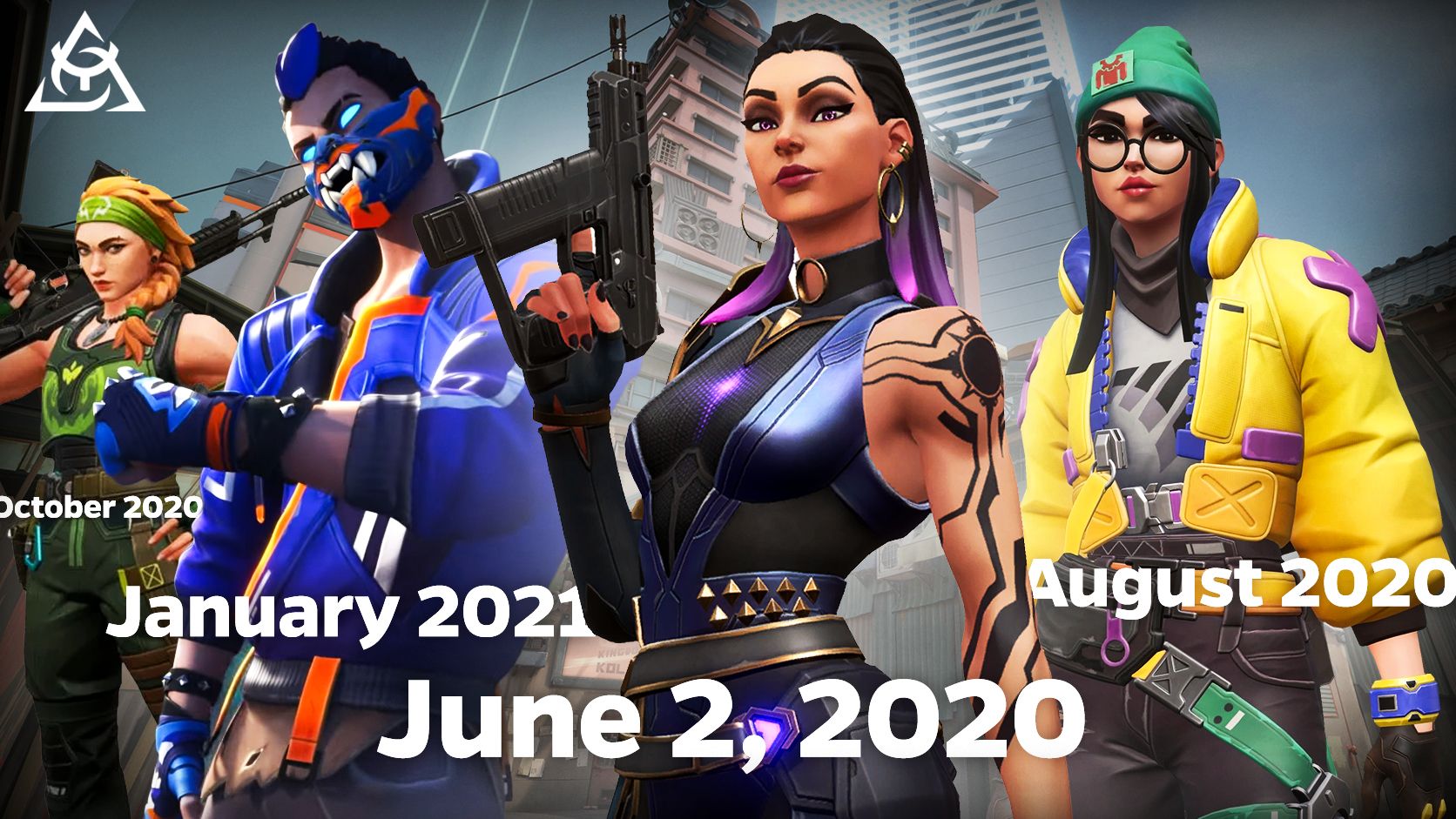 A chronological timeline of all 28 Valorant agents displayed in release order from left to right. Starting with the original 12 agents (Brimstone, Viper, Omen, Sage, Phoenix, Jett, Sova, Breach, Cypher, Reyna, Raze, Killjoy), followed by each subsequent agent: Skye, Yoru, Astra, KAY/O, Chamber, Neon, Fade, Harbor, Gekko, Deadlock, Iso, Clove, Vyse, Tejo, Waylay, Miks, and Veto. Each agent appears with their role color coding and release patch number. A large "2020-2026" timeline spans the bottom. Background features the Valorant logo and a subtle grid pattern.