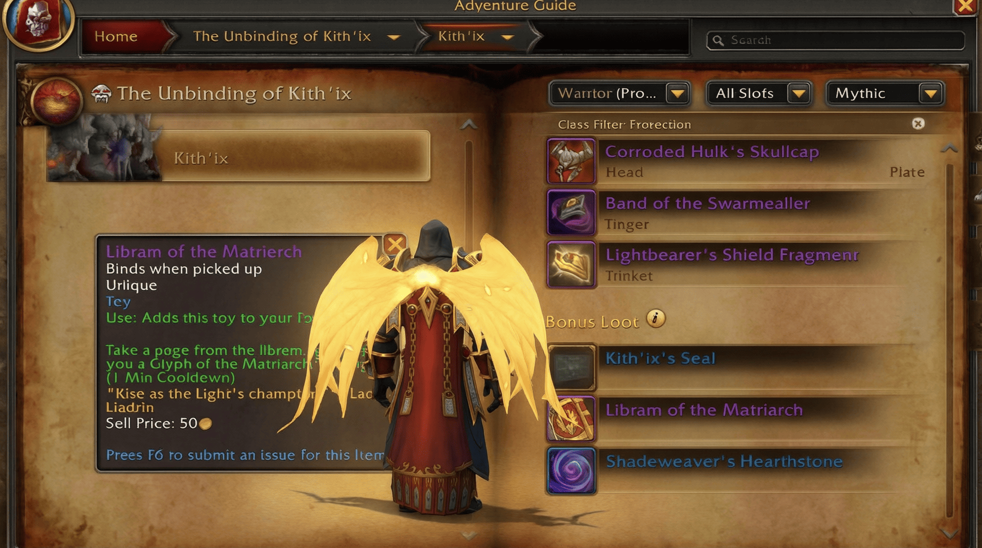 Libram of the Matriarch and Glyph of the Matriarch's Wings rewards from The Unbinding of Kith'ix raid in World of Warcraft Midnight Season 2.